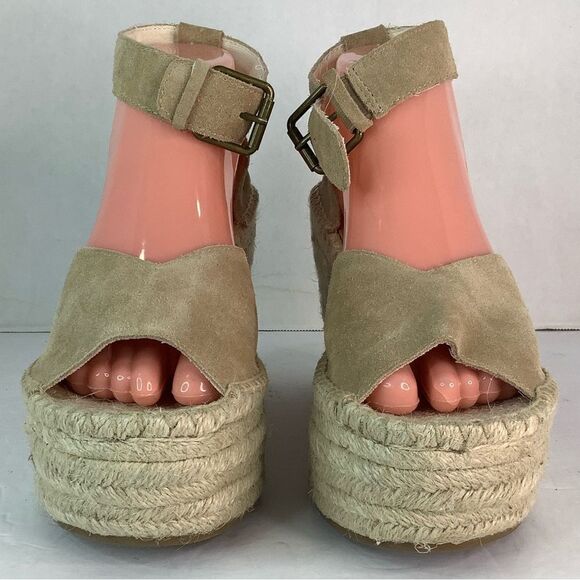 SOLUDOS Open Toe Wedge Ankle Buckle Up Beige Leather Espadrilles Women's Sz.9.5 - Picture 5 of 11